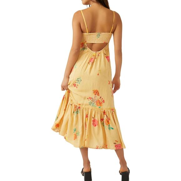 Free People Midi Sundress Strappy Sz XL Yellow Floral Rosie Posie Ruffle Lined - Picture 3 of 16
